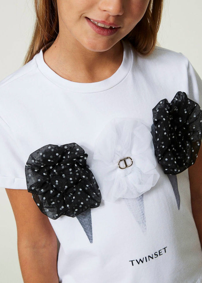 Twinset Kids T-shirt con Stampa e Tulle Bianca