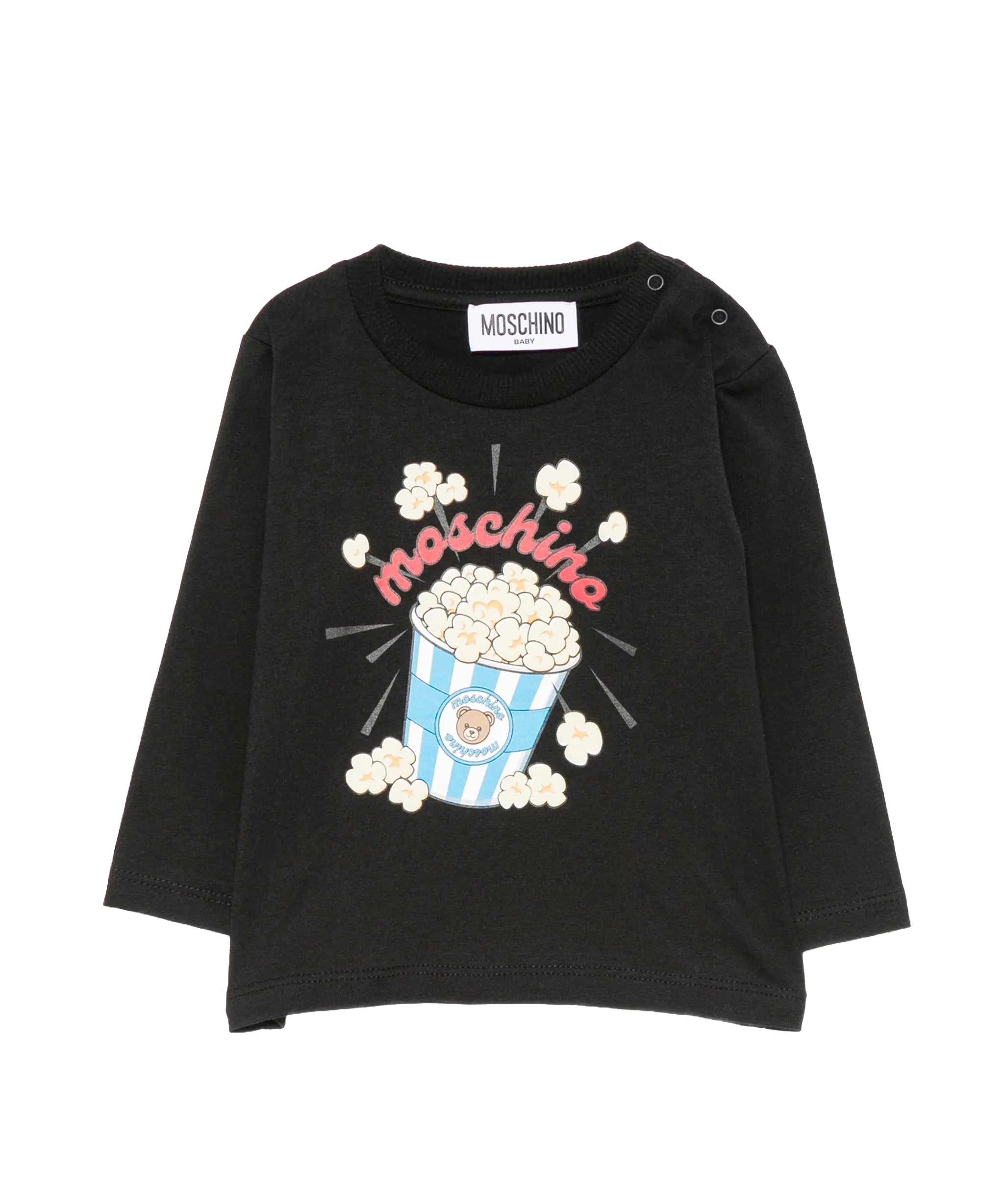 Moschino Kids Maglia Nera a Maniche Lunghe con Stampa Popcorn Teddy Bear e Logo Unisex per Neonati