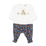 Moschino Kids Tutina Bianca/Blu Navy con Logo All Over per Neonati