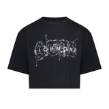 John Richmond Kids T-Shirt Nero Cropped con Logo e Applicazioni per Bambine