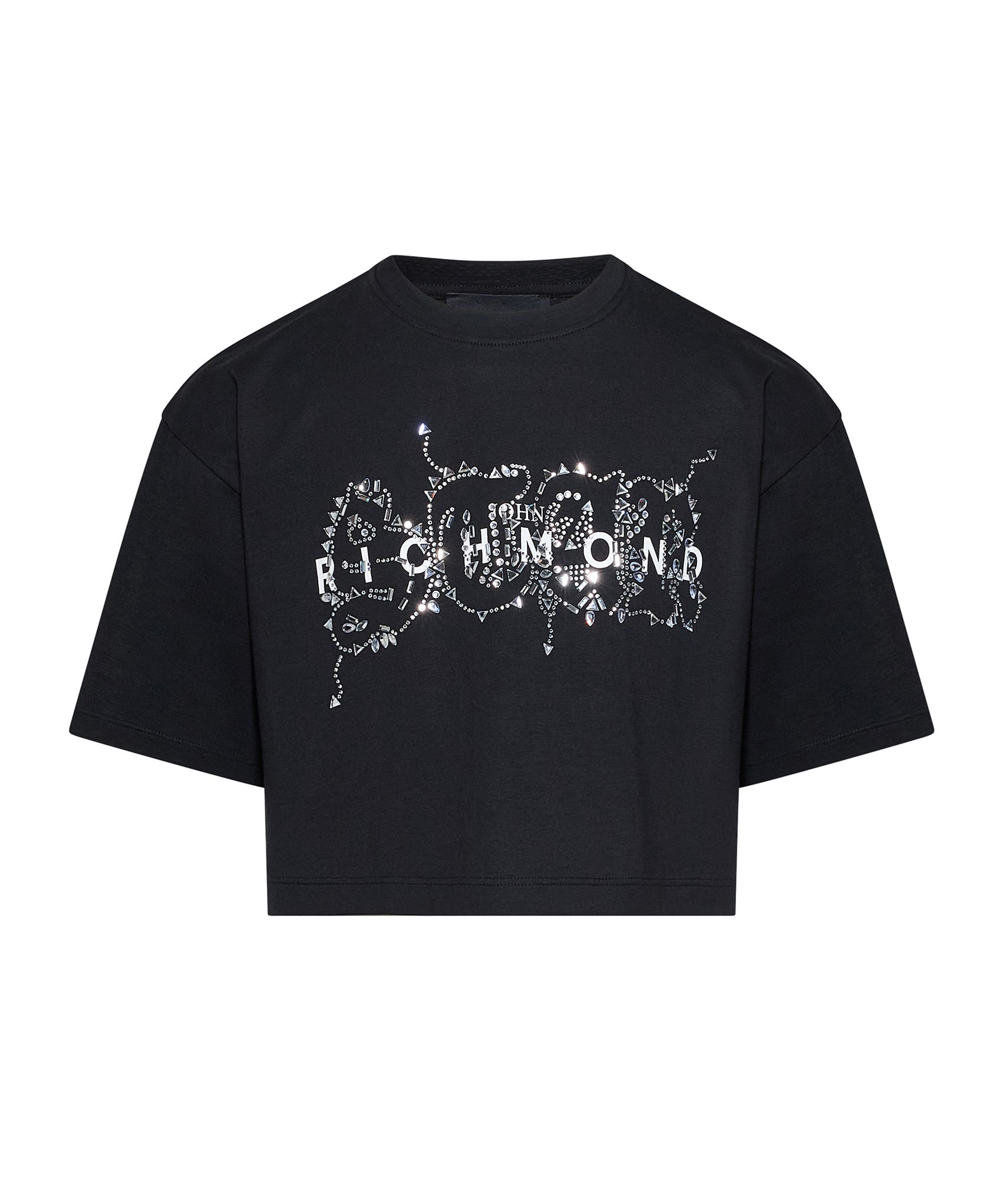 John Richmond Kids T-Shirt Nero Cropped con Logo e Applicazioni per Bambine