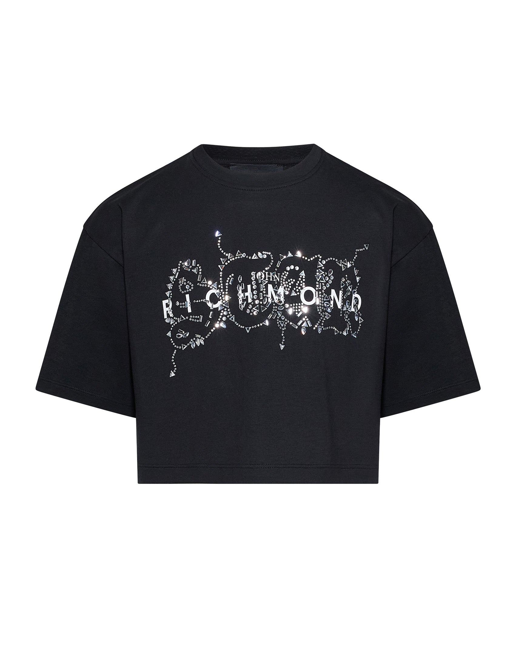 John Richmond Kids T-Shirt Nero Cropped con Logo e Applicazioni per Bambine