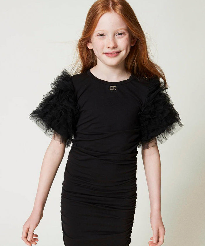 Twinset Kids Abito Corto Drappeggiato con Tulle