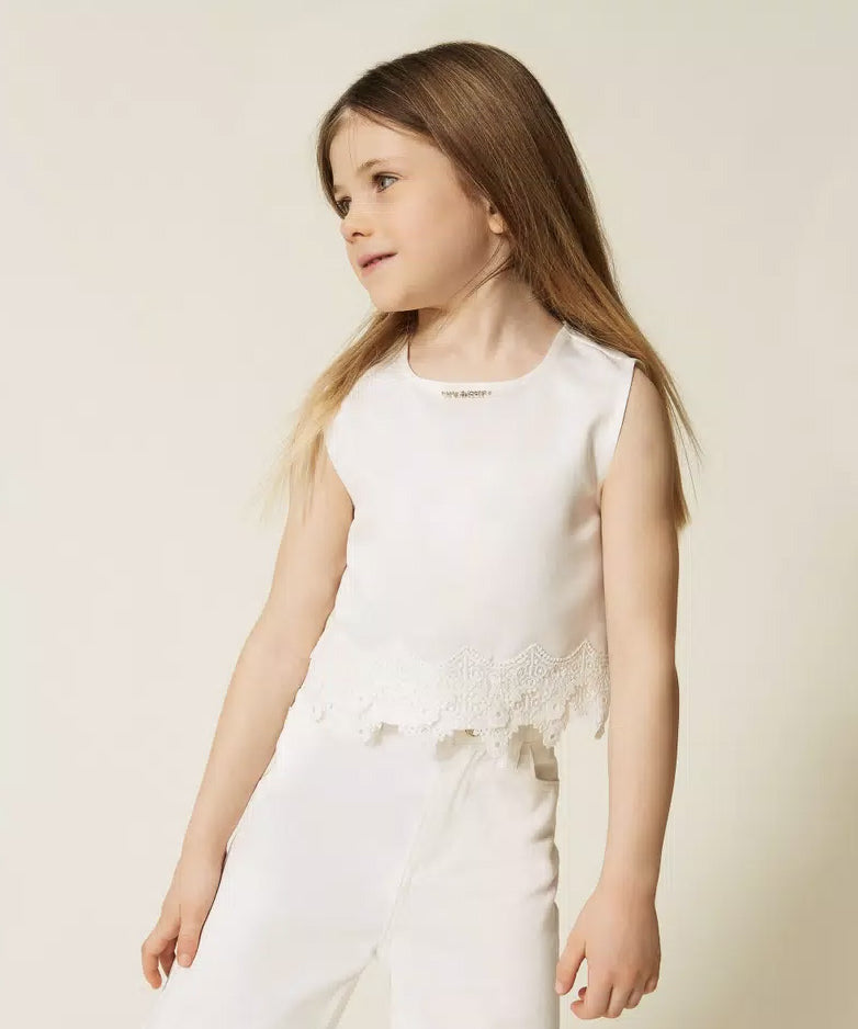 Twinset Kids Top Off-White con Dettagli in Pizzo per Bambine e Neonate