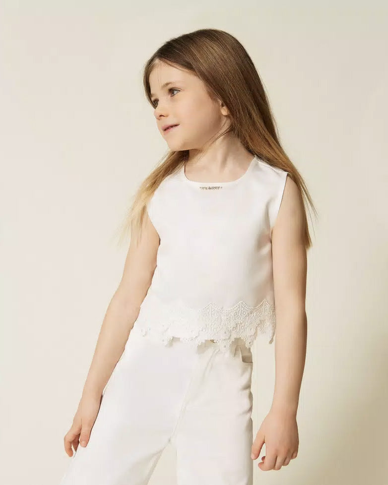 Twinset Kids Top Off-White con Dettagli in Pizzo per Bambine e Neonate