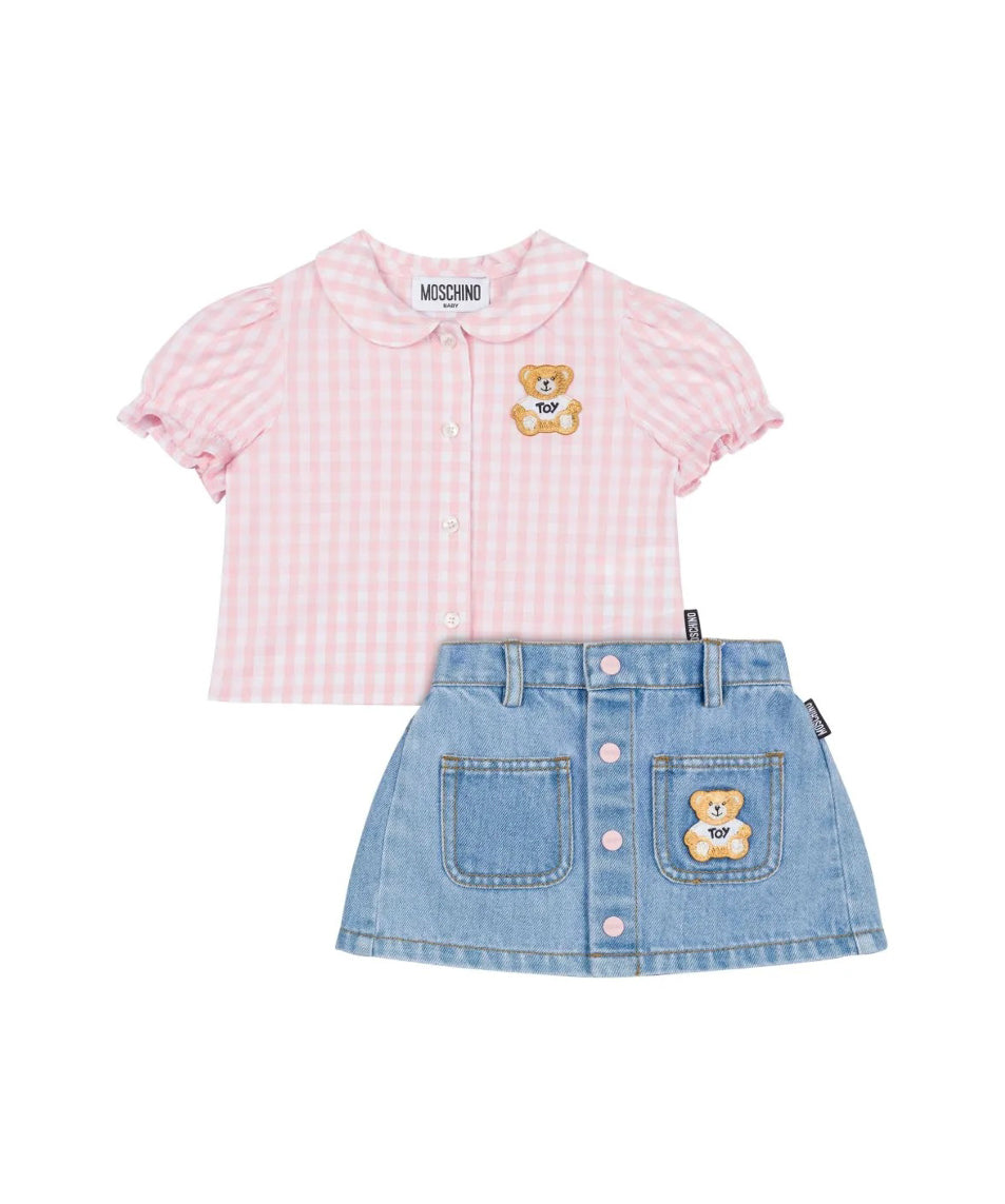 Moschino Kids T-shirt a Quadri con Gonna Denim per Neonate