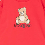 Moschino Kids Vestito Rosso in Felpa con Stampa Teddy Bear e Logo per Neonate