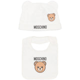 Moschino Kids Set Cappello e Bavetta Panna con Stampa Logo Teddy Unisex  per Bambini