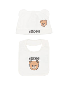 Moschino Kids Set Cappello e Bavetta Panna con Stampa Logo Teddy Unisex  per Neonati