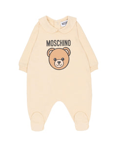 Moschino Kids Tutina Beige con Stampa Logo Teddy per Neonati
