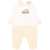 Moschino Kids Tutina Panna e Beige in Cotone con Colletto e Stampa Teddy Bear per Neonati