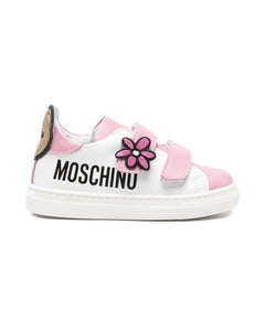 Moschino Kids Sneakers Bianco/Rosa con Chiusura a Strappo e Toppe per Neonate