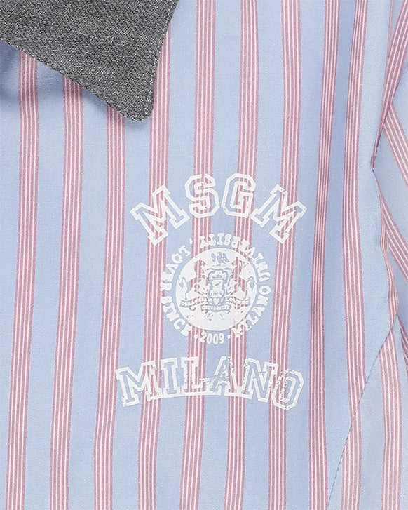 Msgm Kids Abito Fantasia a Righe Celeste e Blu con Logo Ricamato per Bambine