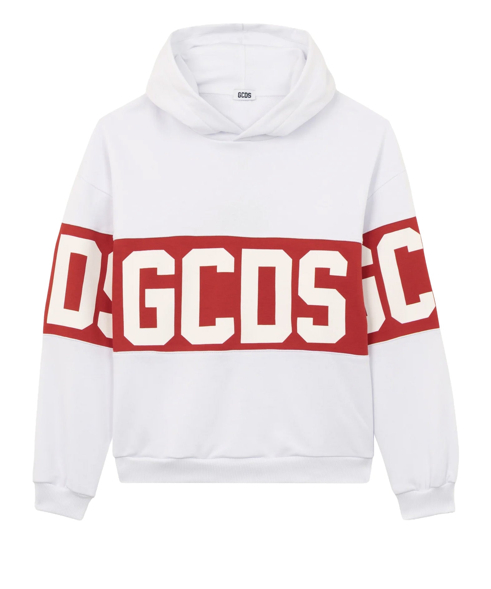 GCDS Kids Felpa con Cappuccio Bianco con Banda Rossa Logata
