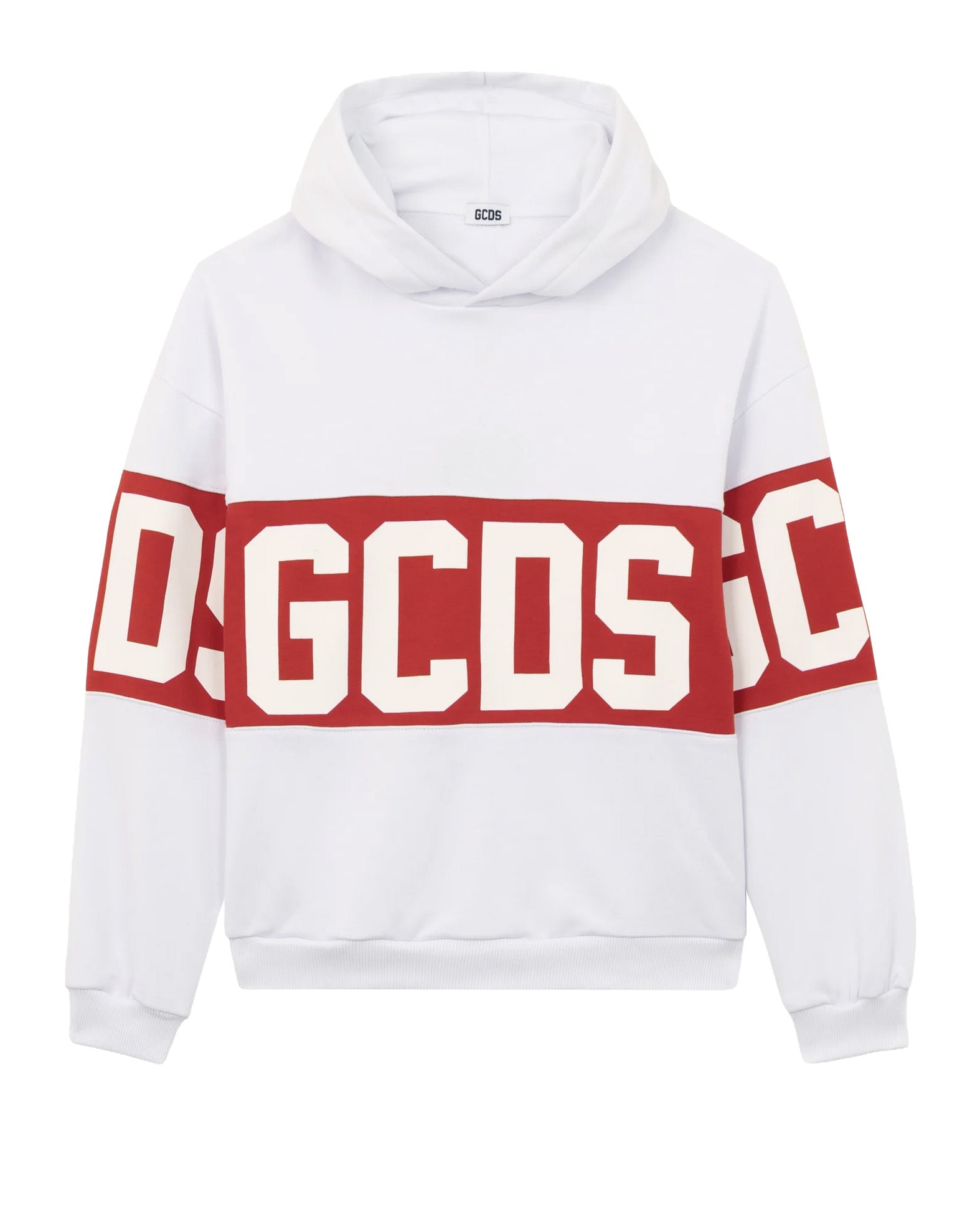 GCDS Kids Felpa con Cappuccio Bianco con Banda Rossa Logata