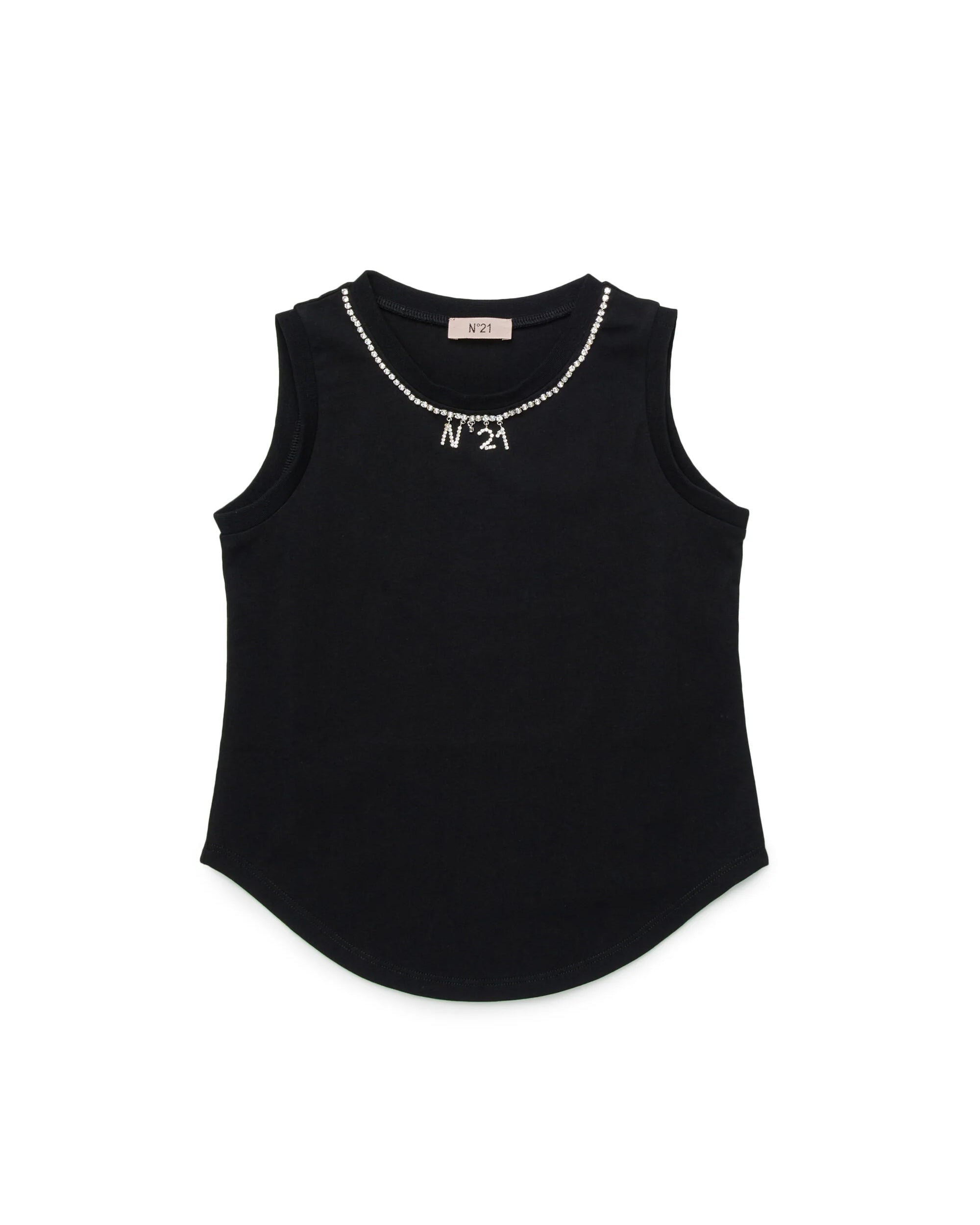 N21 Kids Canotta Nera con Dettagli Strass e Logo per Bambine