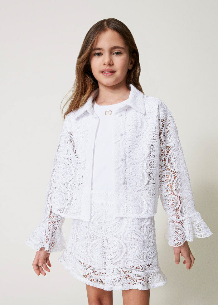 Twinset Kids Camicia Bianca in Pizzo Macrame per Bambine