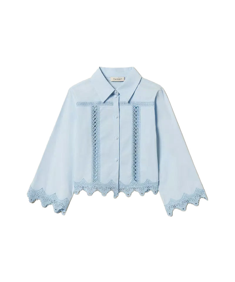Twinset Kids Camicia Cielo con Inserti in Pizzo per Bambine