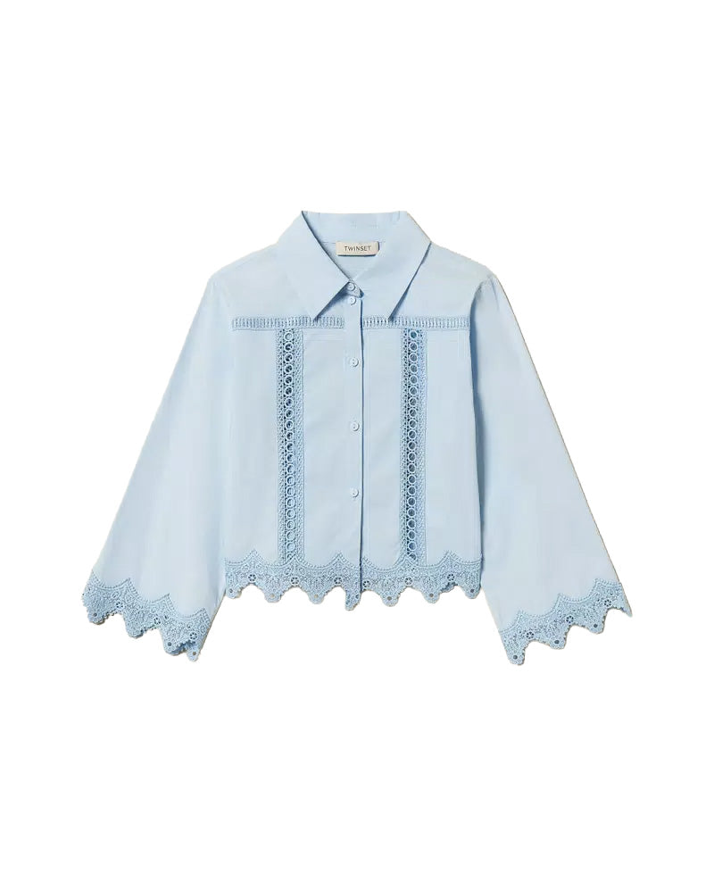 Twinset Kids Camicia Cielo con Inserti in Pizzo per Bambine
