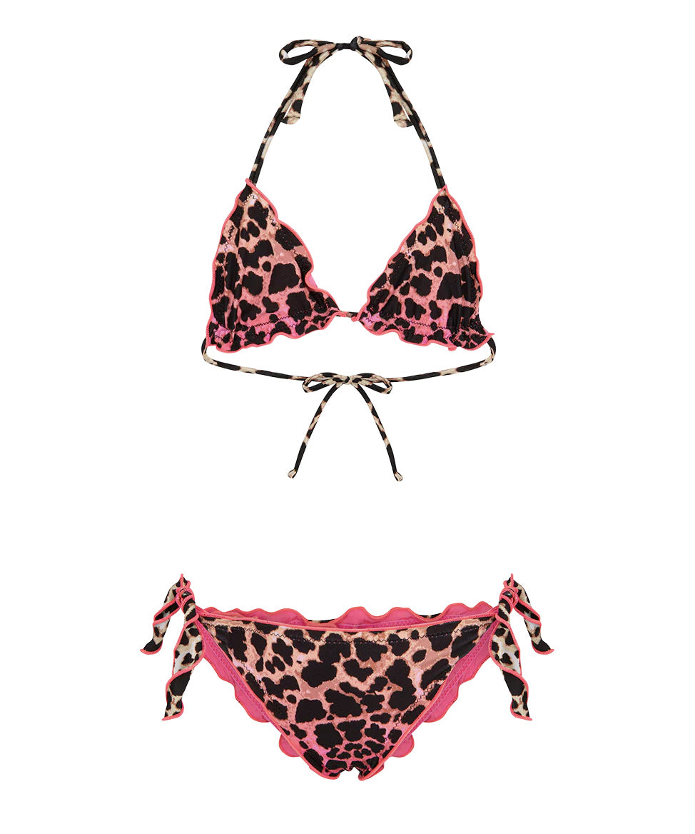 F**K Kids Costume Due Pezzi a Triangolo Fantasia Leopardato Rosa per Bambine