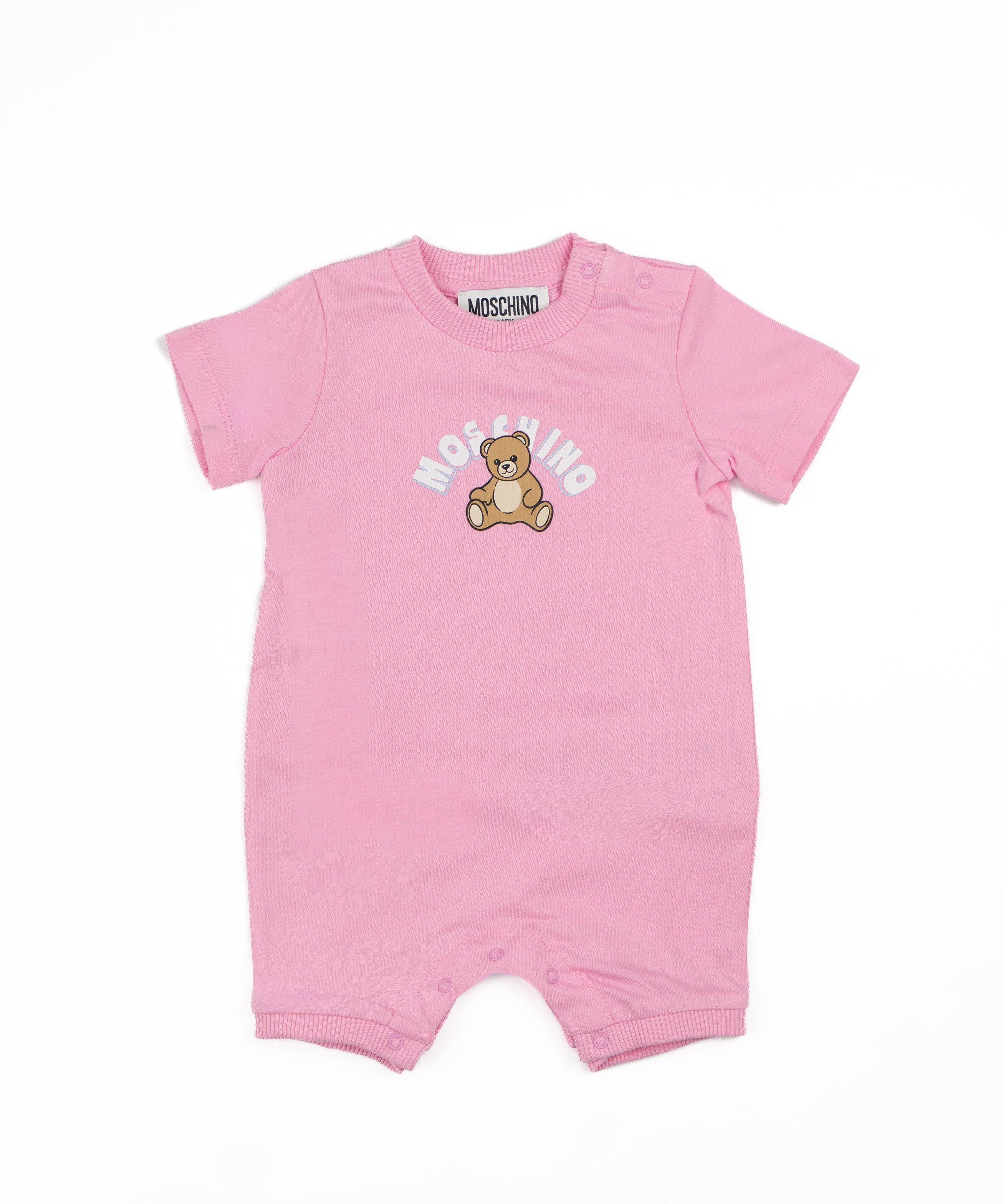 Moschino Kids Pagliaccetto Rosa con Bottoni Apertura Spalla e Stampa Logo Teddy per Neonate