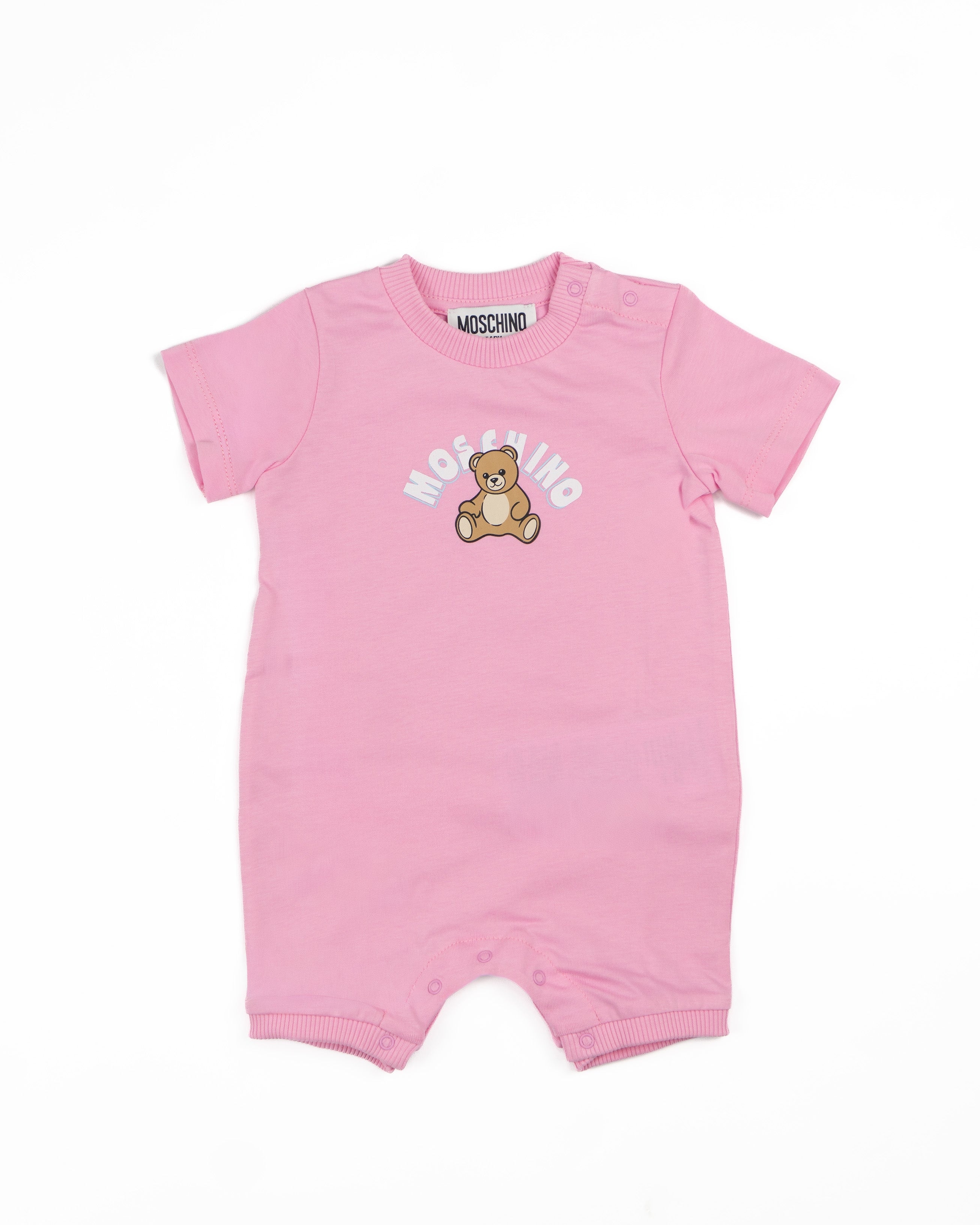 Moschino Kids Pagliaccetto Rosa con Bottoni Apertura Spalla e Stampa Logo Teddy per Neonate