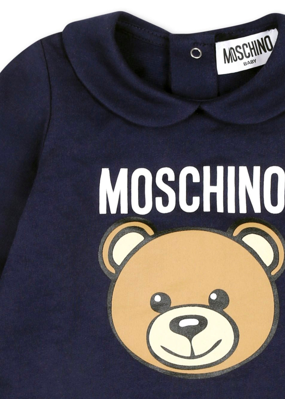 Moschino Kids Tutina Blu con Logo Teddy Bear per Neonati (dettaglio)