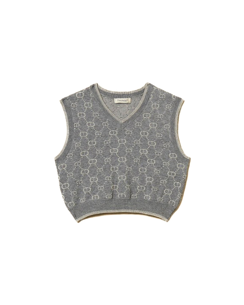 Twinset Kids Gilet Grigio con Motivo Multi Logo per Bambine