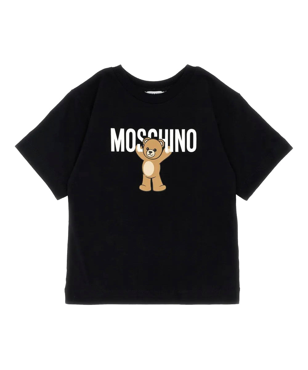 T-shirt panna Moschino Kids in cotone con stampa orsetto Teddy e logo. Comfort e stile per un look casual e riconoscibile ogni giorno.