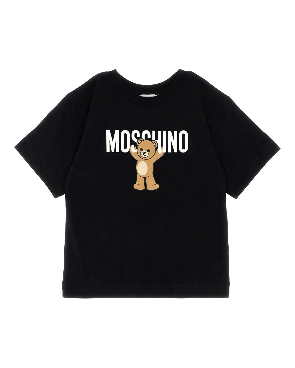T-shirt panna Moschino Kids in cotone con stampa orsetto Teddy e logo. Comfort e stile per un look casual e riconoscibile ogni giorno.