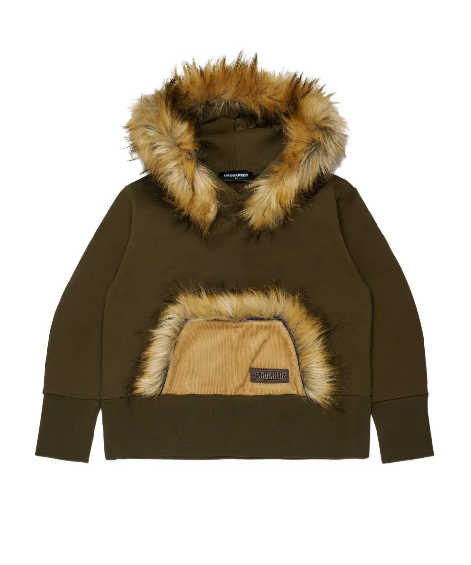 Dsquared2 Kids Felpa Verde Scuro con Dettagli in Pelliccia Unisex