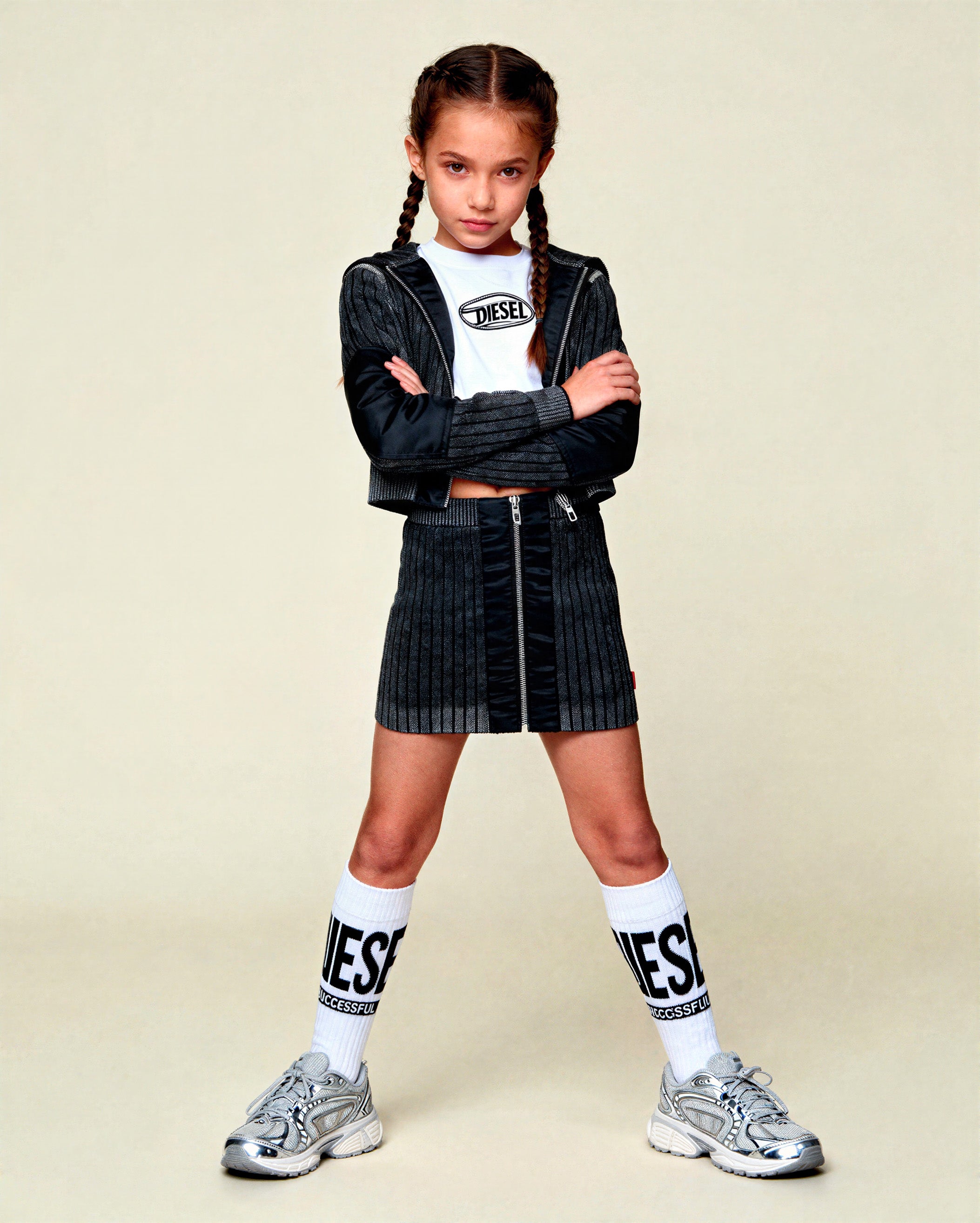 Diesel Kids Cardigan Crop a Costine Nero per Bambine