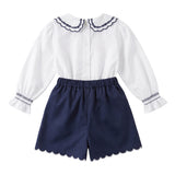 Deolinda Kids Completo Bianco e Blu Navy con Ricami per Neonate