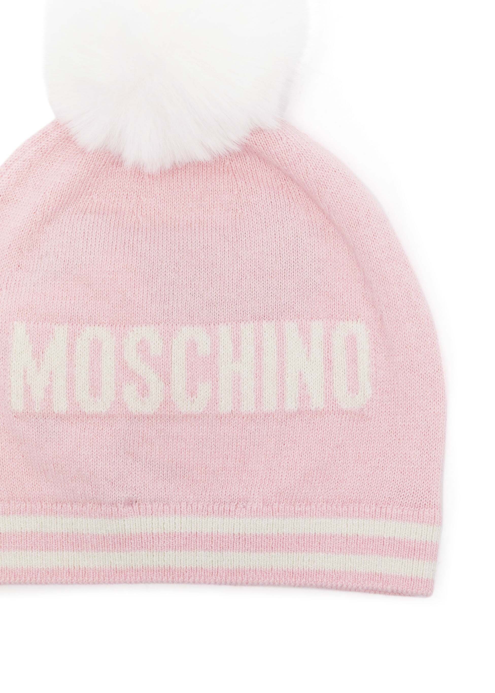 Moschino Kids Cappello in Maglia Rosa con Pon Pon per Neonate (retro)