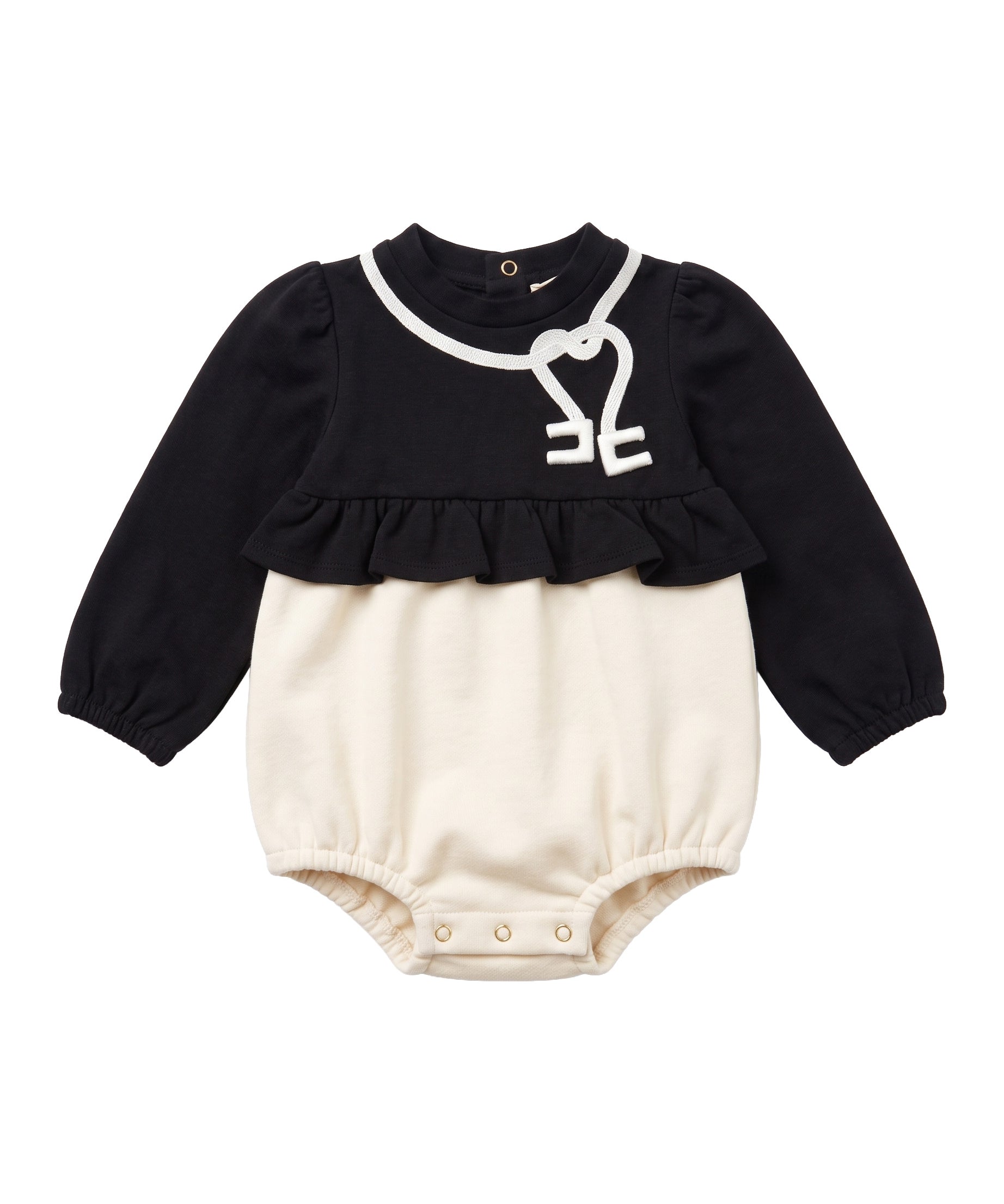 Elisabetta Franchi La Mia Bambina Pagliaccetto Nero e Avorio con Ricamo Corda Logo per Neonate
