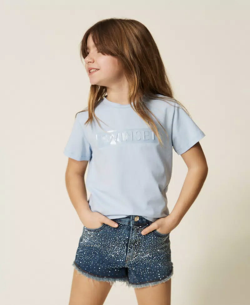 Twinset Kids T-Shirt Cielo con Logo per Bambine