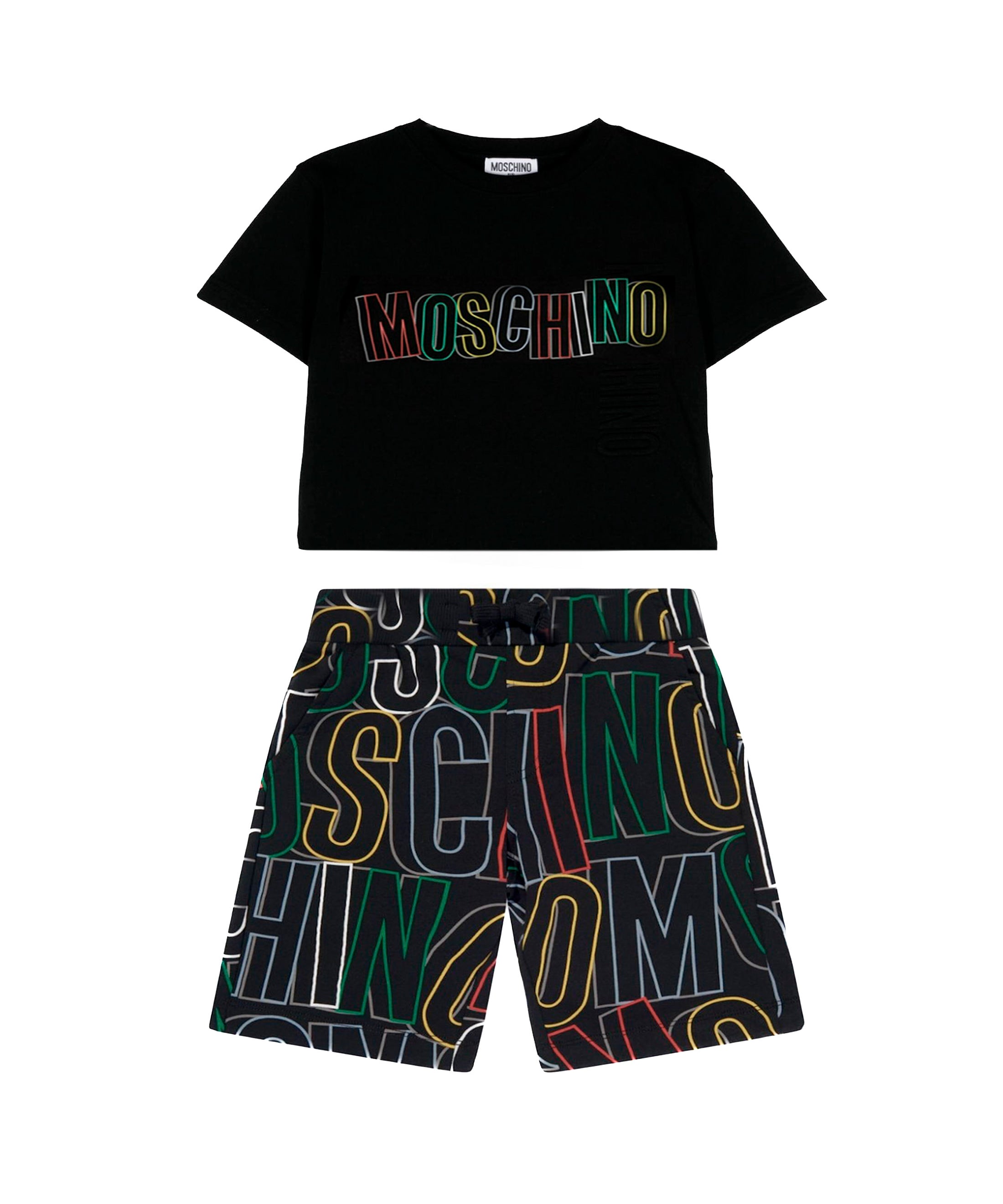 Moschino Kids  Completo T-Shirt Crop e Shorts con Logo Multicolor per Bambine