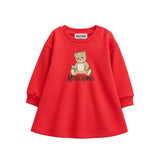 Moschino Kids Vestito Rosso in Felpa con Stampa Teddy Bear e Logo per Neonate