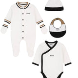 BOSS Kids Set Nascita 4 Pezzi Bianco con Tutina Body Cappellino e Bavaglino per Neonati
