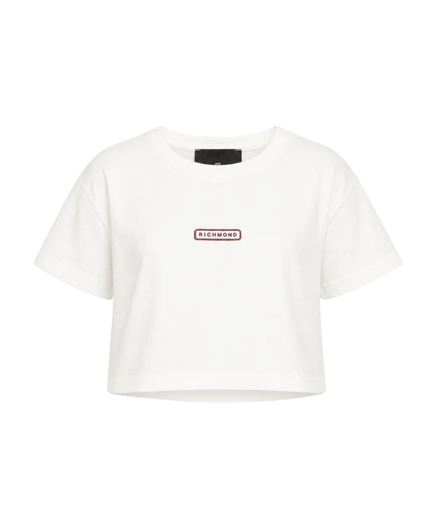 John Richmond Kids T-Shirt Cropped Bianca in Cotone con Logo Ricamato per Bambine