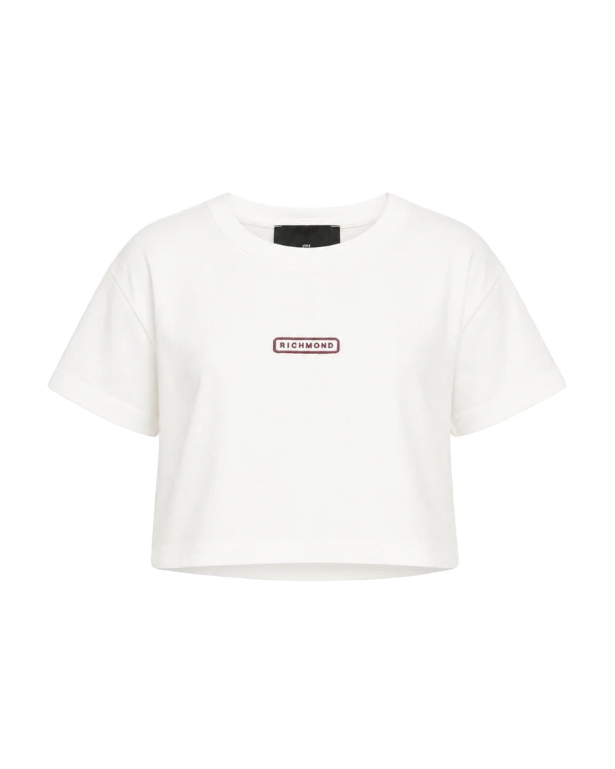 John Richmond Kids T-Shirt Cropped Bianca in Cotone con Logo Ricamato per Bambine