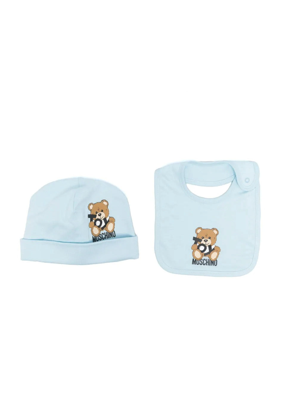 Moschino Kids Cappello con Bavetta Celeste con Toy per Neonati