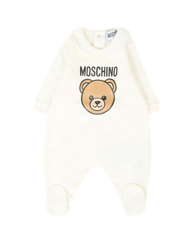 Moschino Kids Tutina con Bavetta e Cappellino Panna con Logo per Neonati