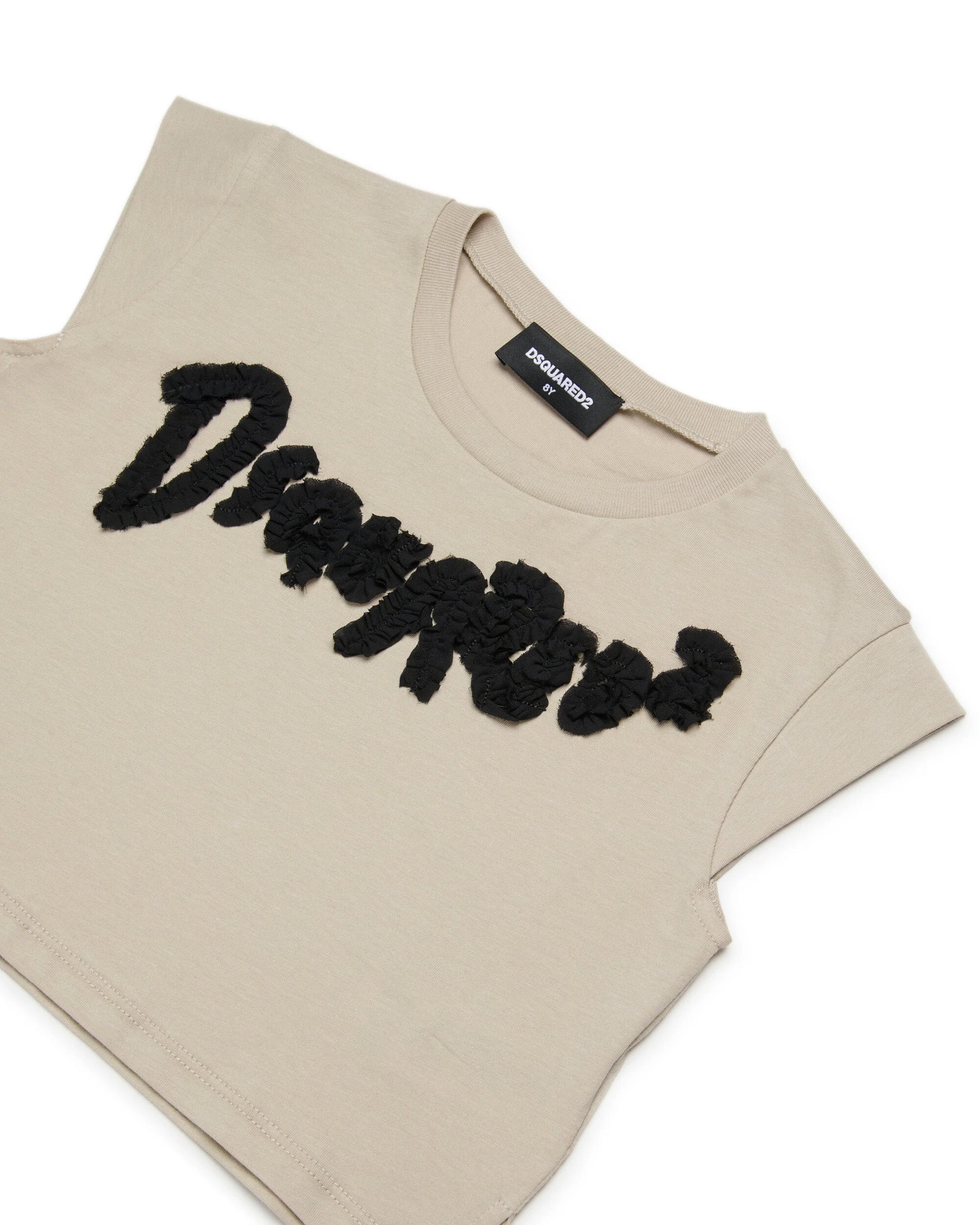 T-shirt Dsquared2 Kids t-shirt Beige Smanicata Cropped con Logo a Contrasto per Bambine