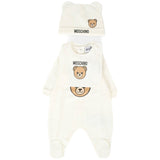Moschino Kids Tutina con Bavetta e Cappellino Panna con Logo per Neonati