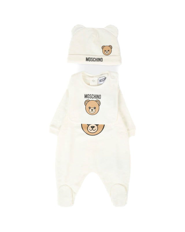 Moschino Kids Tutina con Bavetta e Cappellino Panna con Logo per Neonati