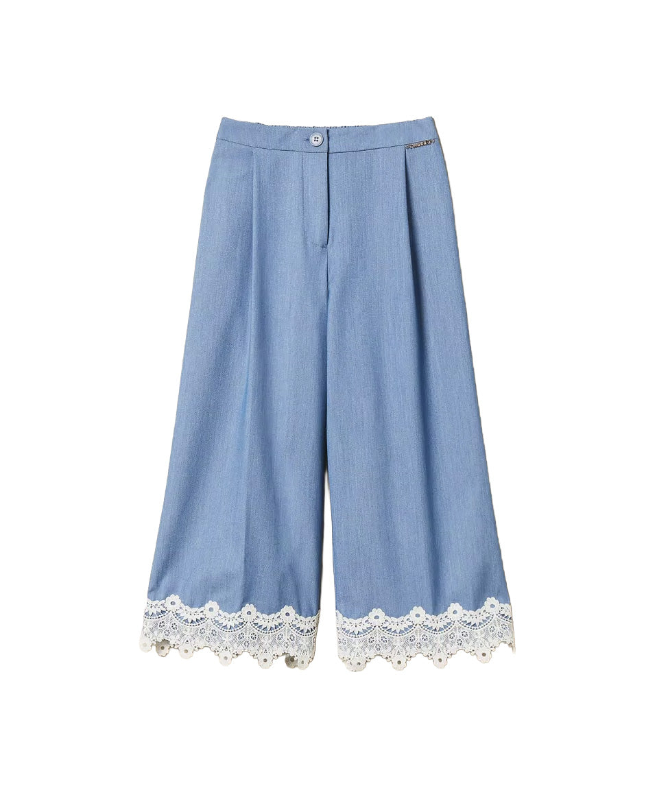 Twinset Kids Pantalone Cielo con Dettagli in Pizzo per Bambine