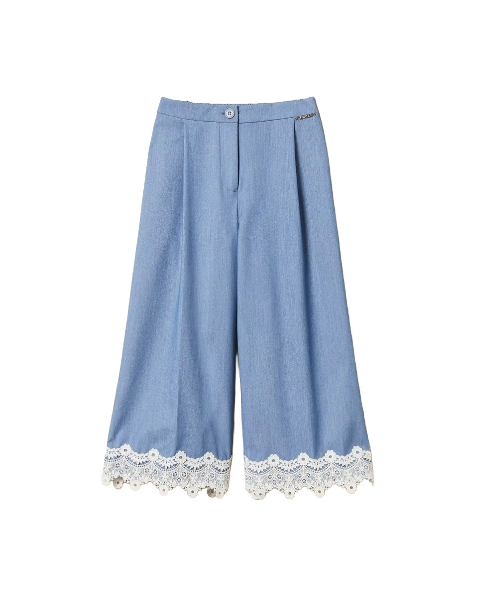 Twinset Kids Pantalone Cielo con Dettagli in Pizzo per Bambine