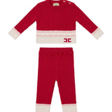 Elisabetta Franchi Kids Completo Rosso in Maglia a Coste con Maglione e Pantaloni con Logo per Neonati