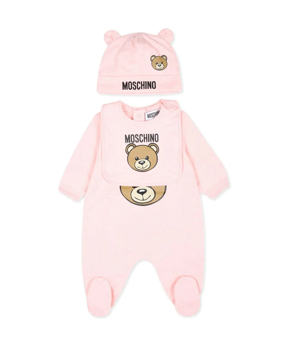 Moschino Kids Tutina con Capellino e Bavetta Rosa per Neonate